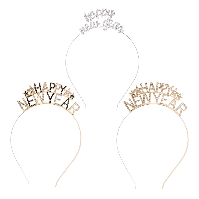 3 Pack Happy New Year Headband Tiara,New Years Eve Headbands for Women,New Years Eve Party Supplies Decorations,New Year Eve Hair Accessories,Rhinestone Hair Clasp Tiaras