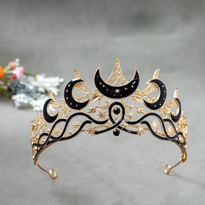 Gothic Black Moon Star Tiara Crown for Women Girls, Retro Celestial Witch Headpiece with Crescent Moon and Stars, Costume Cosplay Halloween Party Prom Wedding Birthday Accessories