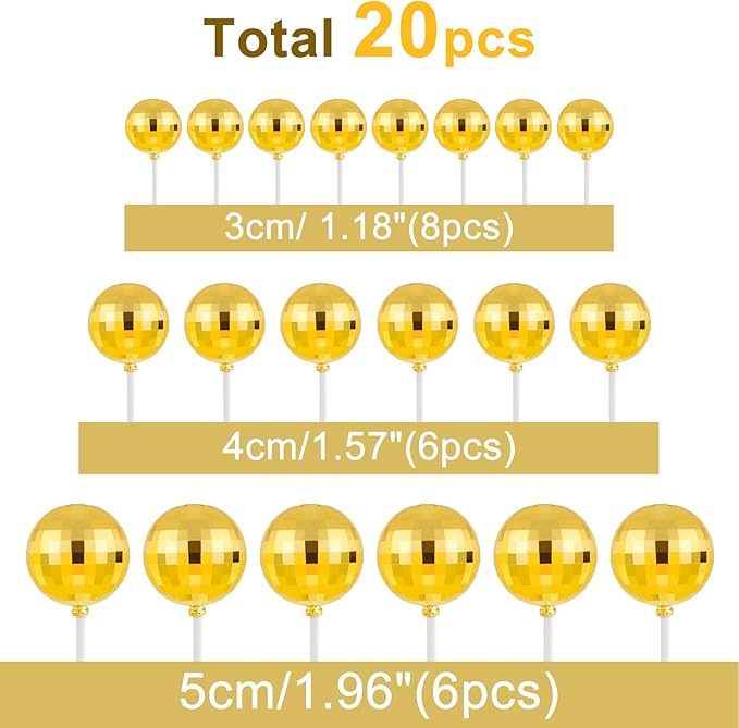 ASTARON 20 Pcs Disco Ball Cake Topper Decorations Sticks Gold Cake Balls Picks Toppers for Birthday Anniversary Disco Retired Theme Party Decorations