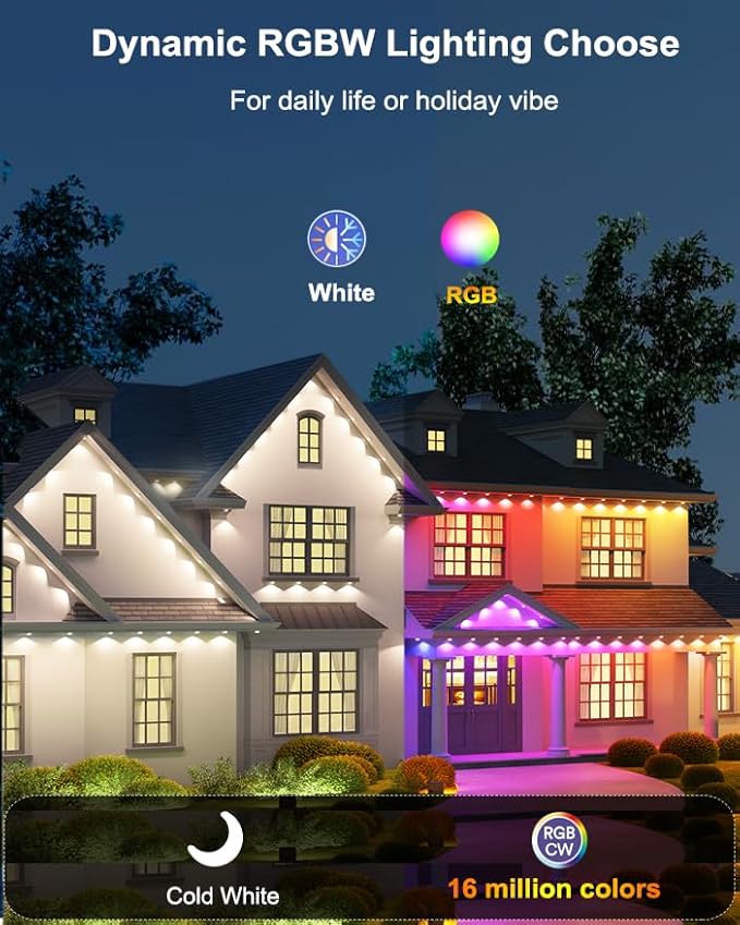 Permanent Outdoor String Lights, 50ft RGBW+IC Smart LED Eaves Lights Waterproof IP67, App & Remote Control, Multi-Colored DIY Scene Lighting for Halloween Christmas House Year-Round Decor