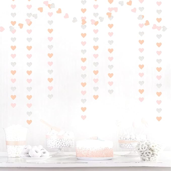 Pink-Silver Peach Birthday Party-Decorations Streamers - 52FT Hanging Heart Garland Banner,Baby Bridal Shower Engagement Anniversary Bachelorette Wedding Backdrop Decor Hugtmr