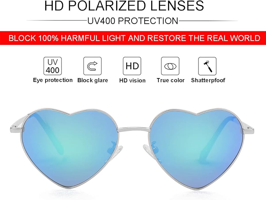 JOVAKIT Polarized Heart Sunglasses for Women Fashion Lovely Style Metal Frame UV400 Protection Lens