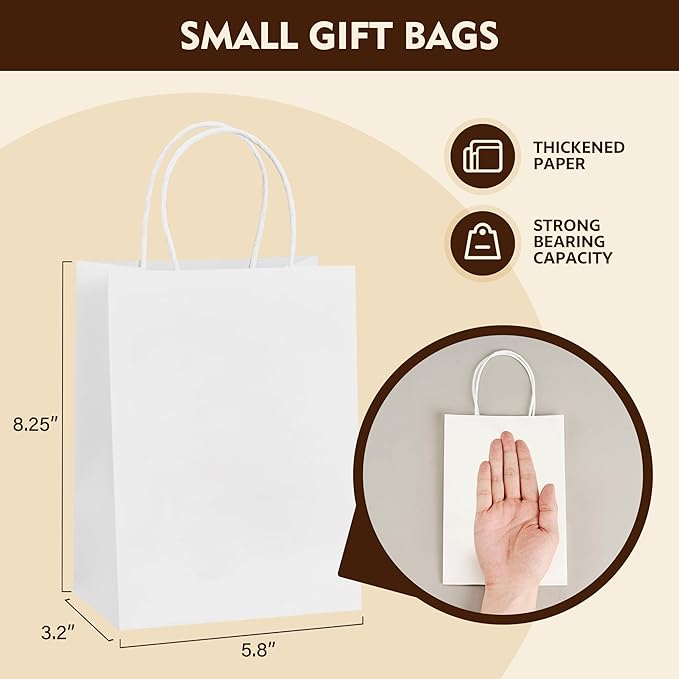 YEEHAW White Paper Bags with Handles Bulk 5.25"x3.2"x8.25" 50Pcs Gift Bags Small Size, White Gift Bag with Handles for Retail, Party, Shopping, Merchandise