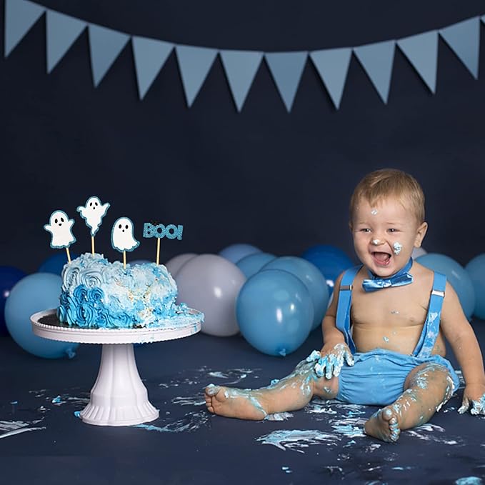 24 Pack Glitter Halloween Ghost Cupcake Toppers - Baby Shower Decor Gender Reveal Decorations (Blue)