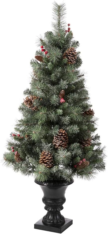 Glitzhome 4ft Christmas Tree,Pre-Lit Artificial Small Christmas Tree for Entrance Flocked Potted Tree with 100 Warm White Lights,224 Pine Needle&PVC Branch Tips,Pinecones&Berries for Porch Xmas Decor