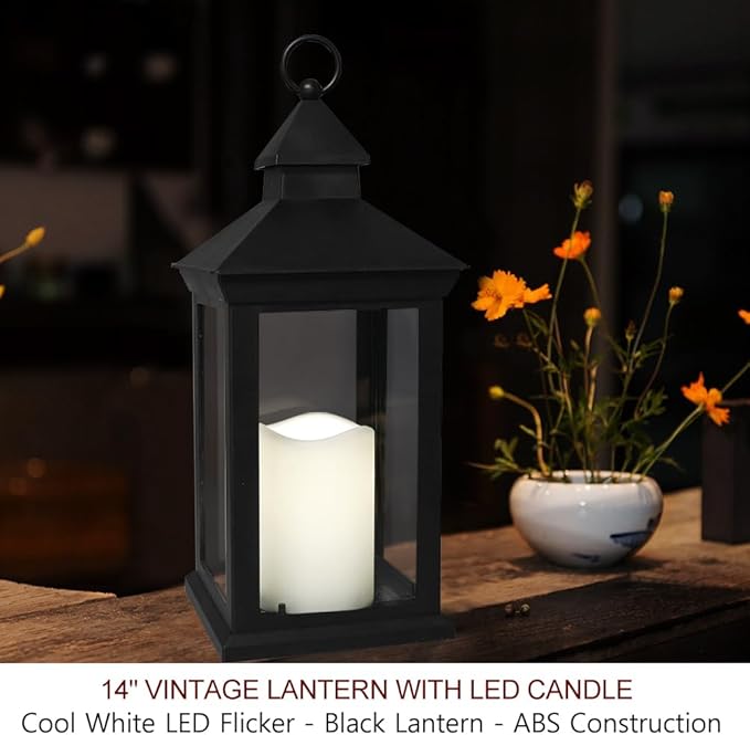 Bright Zeal 14" Decorative Candle Lantern Black Outdoor Lanterns with Timer Candles - Cool White Waterproof Vintage Lanterns Battery Powered LED Decorative for Wedding - Hanging Wall Lanterns Indoor