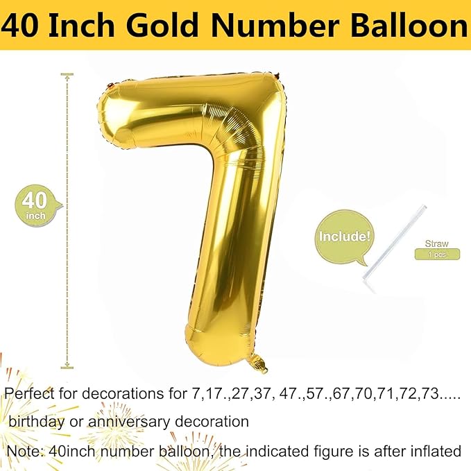 40 inch Gold Number Balloon Giant Foil Helium Balloons Gold Number 7 Balloon for 7th Birthday Party Anniversary Decorations Supplies