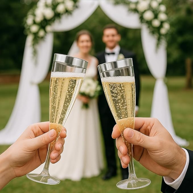 Oojami 100 Plastic Classic Champagne Disposable Flutes for Parties Plastic cups Wedding Party Toasting Cocktail Cups Bulk Party Pack (Silver Rim)
