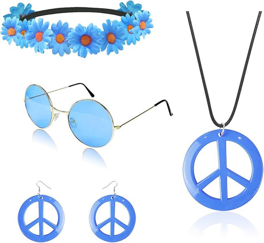 Hippie Costume Set Includes Peace Sign Necklace and Earring, Flower Crown Headband and Sunglasses 60s 70s Party Accessories