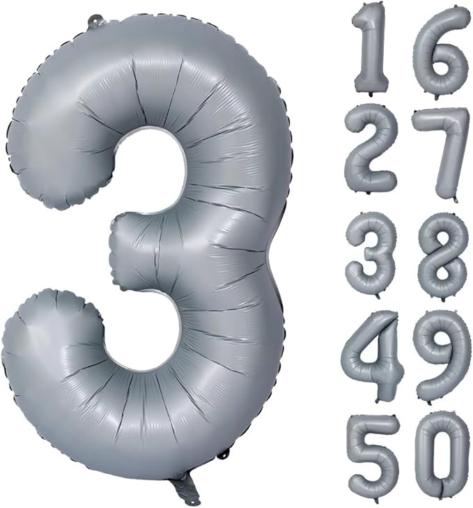40in Gray Number 3 Balloons Big Foil Mylar Party Balloons for Girls Boys 3rd Birthday Party Decorations Supplies