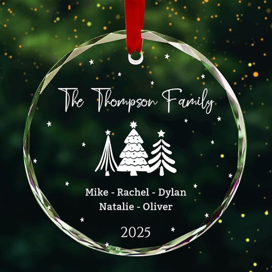 Personalized Round Christmas Crystal Glass Ornaments Custom 2025 Name Ornament for Tree Decor Customized First Christmas Tree Hanging Gifts for Family Friends