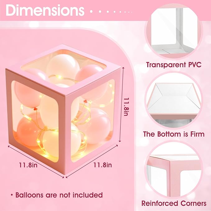Ledido Baby Boxes with Letters for Baby Shower Decorations, 4 pcs Clear Balloon Boxes Blocks Decor with LED Fairy String Lights for Boy Girl Gender Reveal Decorations Backdrop Party (Pink)