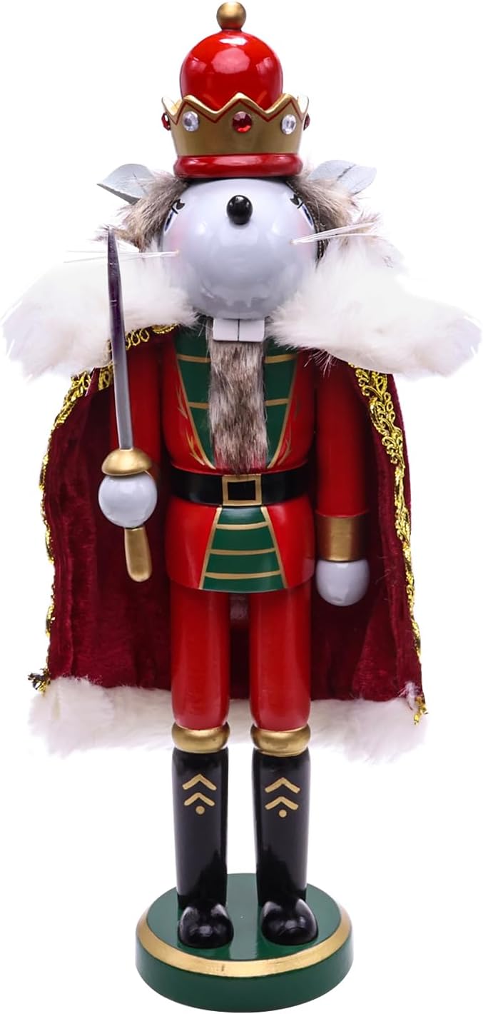 11" Wooden Mouse King Nutcracker, Festive Christmas Decoration, Handcrafted Mouse Themed Nutcracker Collectible Christmas Decor for Tabletop, Shelves, and Fireplace Mantel