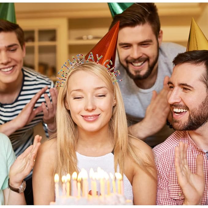 AOPRIE Hairband Birthday Tiara for Women Girls Happy Birthday Princess Crown Rhinestone Accessories, Gold Purple Colorful