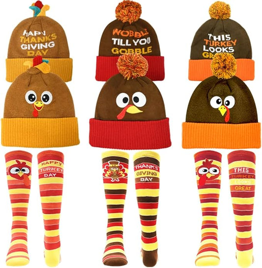 CAMIRUS 6PCS Thanksgiving Turkey Trot, 3Pcs Beanie Hat and 3Pcs Socks Thanksgiving Day Turkey Beanie Hat for Adults Men Women
