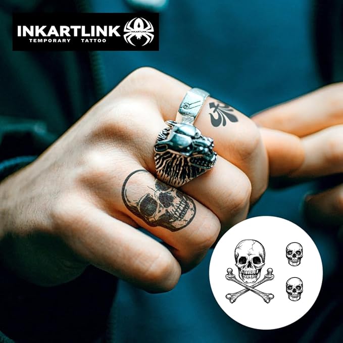 INKARTLINK Semi-Permanent Tattoo Stickers, Cool Boy Party Skull Tattoos, Exquisite and Realistic Designs, Fun Tattoo Experience, Non-reflective, Waterproof (Jolly Roger)