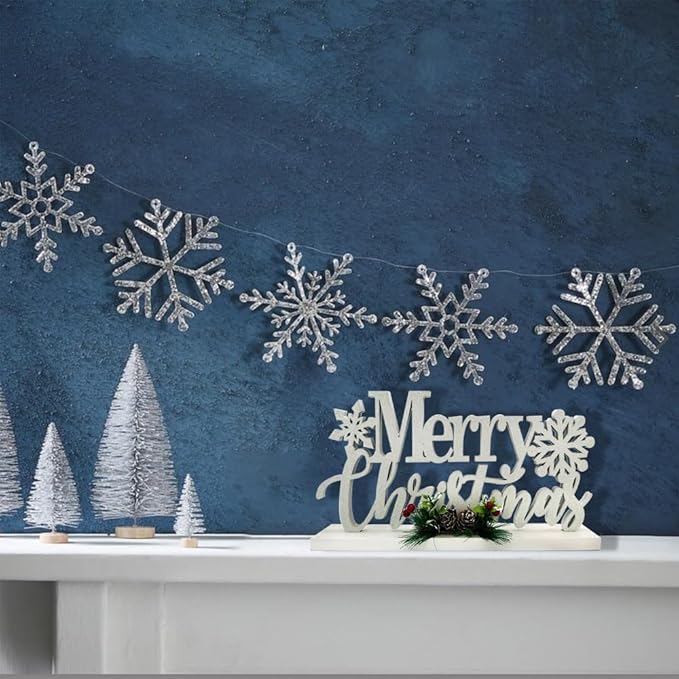 Christmas Decorations Merry Christmas Decor Snowflake Silver Shining Sign Farmhouse Wooden Winter Rustic Decor Vintage Holiday Block Tabletop for Home Kitchen Xmas