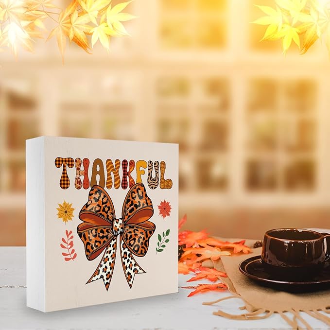 Thankful Fall Decor Fall Decorations for Home Autumn Leopard Bow Decor Cute Autumn Thanksgiving Decorations for Desk Table 5 x 5 inches