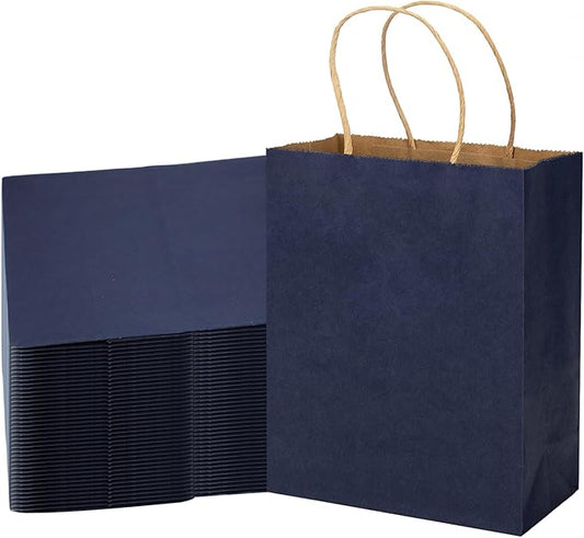 MOZRRO Gift Bags, 100 Pack 10.5x8.5x4.5 Inch, Paper Bags with Handles, Medium Size, Gentleman Blue Gift Bag for Birthday, Wedding, Bulk, Party, Lunch, Goodie