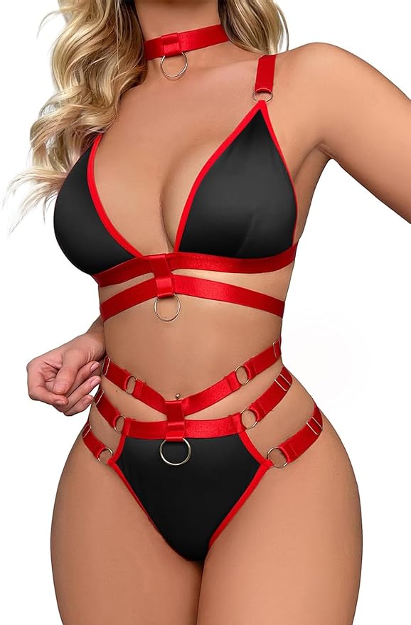 Lilosy Sexy Wireless Choker O Ring Linked Strappy Harness Lingerie Set Outfits 3 Piece