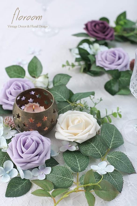 Floroom Artificial Flowers 25pcs Real Looking Cream Foam Fake Roses with Stems for DIY Wedding Bouquets Bridal Shower Centerpieces Floral Arrangements Party Tables Home Decorations