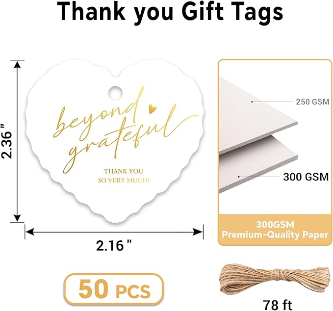 50pcs Gold Foil Thank You Tags with String, Pre-Punched Hole Gift Tags with String - Perfect for Weddings, Baby Showers, Parties, Celebrations - Beyond Grateful(2.36"*2.16")