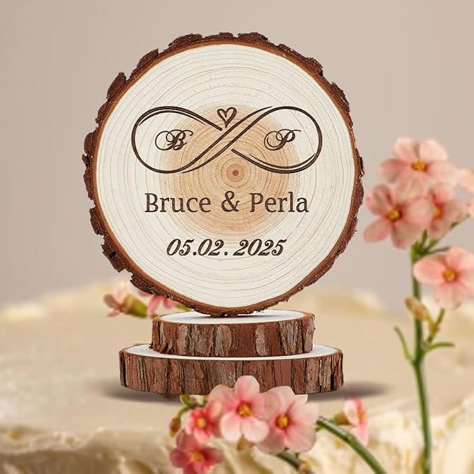 Rustic Wedding Cake Topper - Handmade Wood Slices, Personalized Infinity Love Cake Top, Personalized Engraved Initilas Names and Date, Anniversary Keepsake, Happy Birthday Wooden Decorations