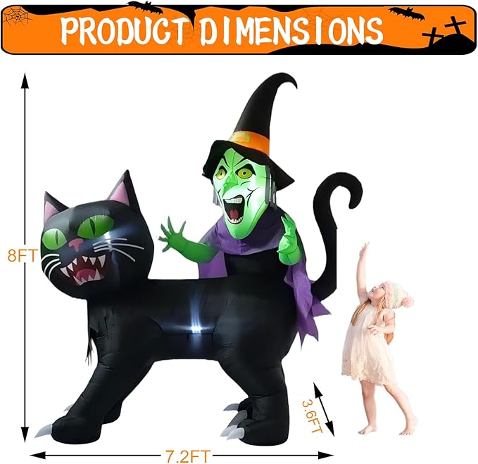 LANGXUN 8ft Witch Riding Black Cat 2025 Halloween Inflatable Decoration - Giant Blow-Up Yard Decor with LED Lights for Outdoor Lawn, Garden, Patio Cute Skeleton Ghost Hoilday Yard Party Decor