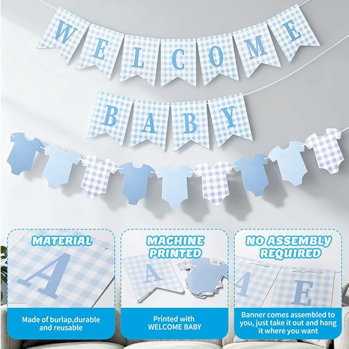 Baby Boy Shower Drcoration - Pre-strung Welcome Baby & Bodysuit Banner - Blue Baby Shower Decor for Boy, Gender Reveal, Photo Prop, Baby Boy Shower Door Sign﻿