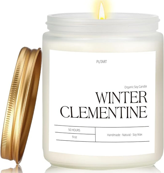 Winter Clementine Scented Candles for Home, 9oz Natural Soy Wax Aromatherapy Organic Citrus Candle for Stress Relief, Long Burning & Lasting Jar Candle Gifts for Christmas, Winter, Holiday