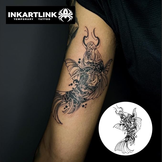 INKARTLINK Tattoo Tech, 2 Sheets Large Semi Permanent Tattoo, Adult Art Design Temporary Tattoos, Lasts 1-2 Weeks, Waterproof, Realistic Look, No Adhesive, No Reflection (Koi Carp Design)