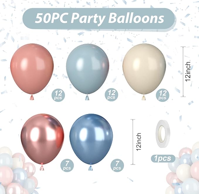 Dusty Blue and Pink Balloons, 50pcs Retro Pink and Blue Balloons, Rose Gold Balloon Metallic Light Balloon for Girl Boy Boho Birthday Party Baby Shower Wedding Gender Reveal Decorations