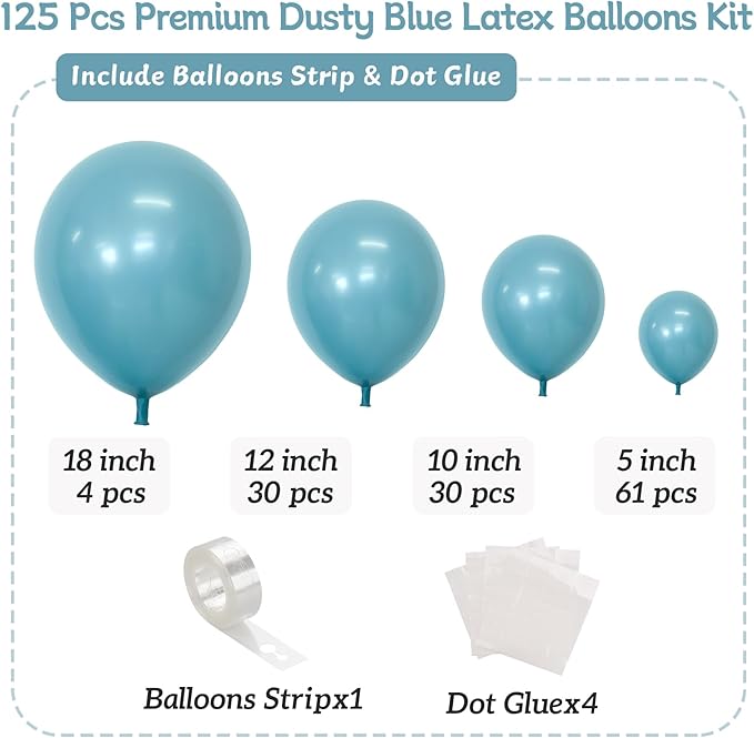 Dusty Blue Balloons, 125 PCS Assorted Sizes 18 inch, 12 inch, 10 inch, 5 inch - Great for Birthday Party, Wedding, Bridal Shower, Holiday Decorations and Balloon Garland Arches