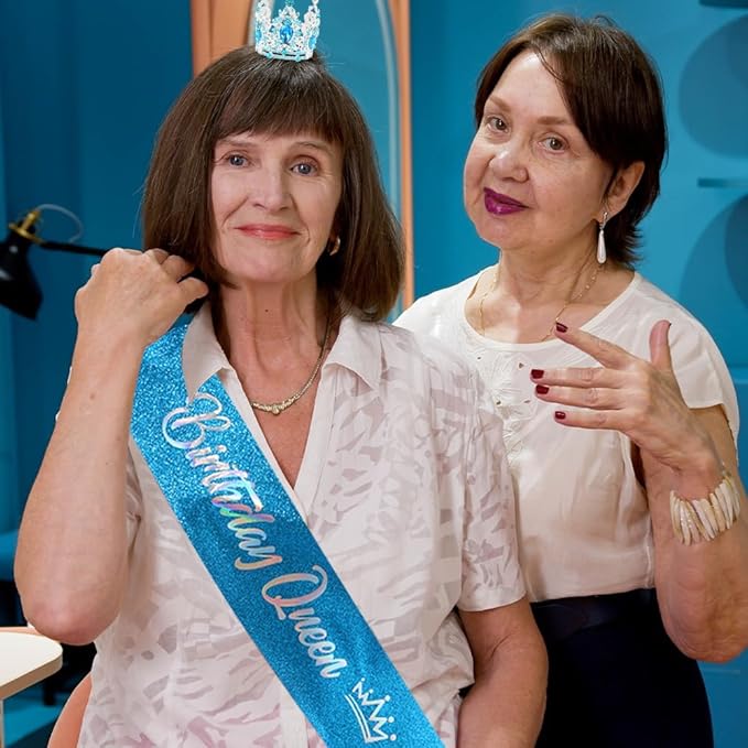 Birthday Queen Sash for Women Tiara & Crowns Headbands for Girls Happy Birthday Party Accessories Favor Supllies Leona Blue Silver Pink, 2 Pack