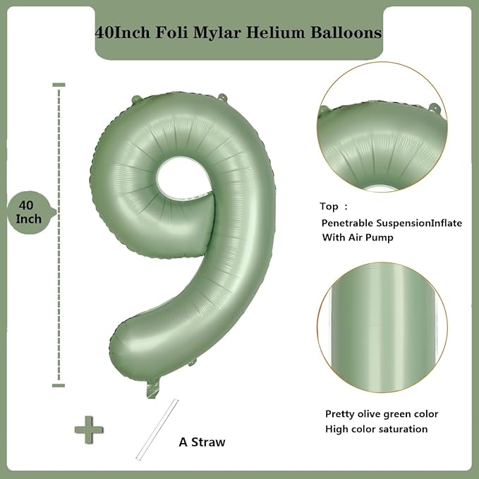 40 Inch Green Number 9 Balloon Olive Green Foil Balloons Sage Green 9 Balloons Mylar Helium Balloon for Birthday Party Decorations Girls Boys Baby Shower Wedding Anniversary Decoration (Number 9)