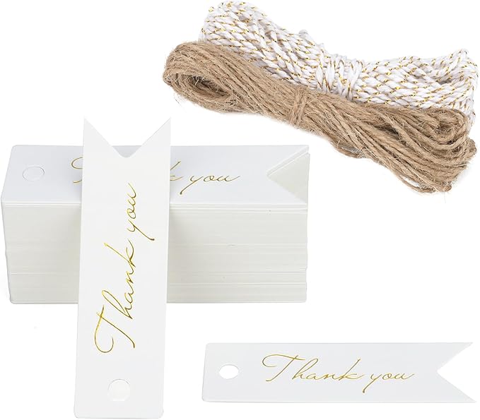 G2PLUS High-end Metallic Gold Thank You Tags, 100PCS 2.8'' x 0.8'' Gift Tags with String for Arts and Crafts,Gift Wrapping (White)