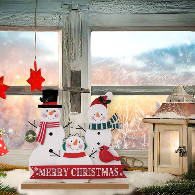 Christmas Decorations for Home Farmhouse Merry Christmas Decor Indoor Wooden Snowman Sign Snowmen Family Rustic Winter Vintage Holiday Block Tabletop for Kitchen Xmas Party Mantel Tiered Tray Gift