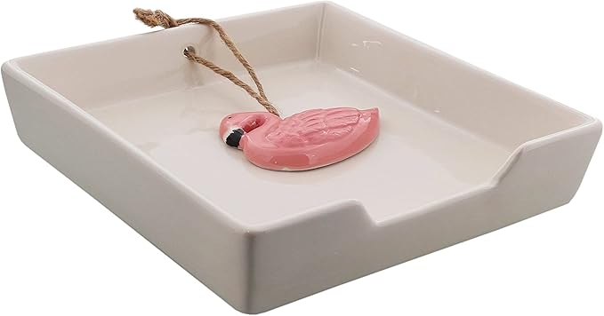 White Ceramic Lunch Napkin Holder with Roped Weight - Flamingo
