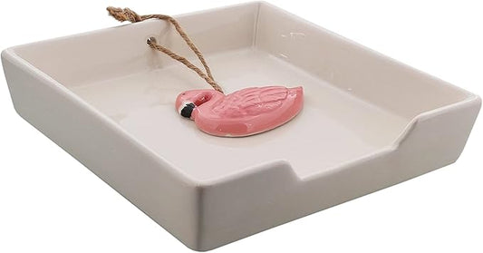 White Ceramic Lunch Napkin Holder with Roped Weight - Flamingo