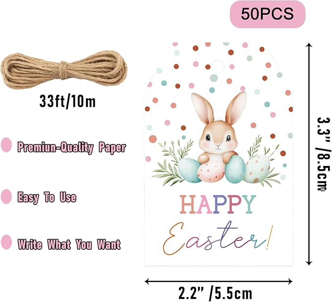 Easter Gift Tags, 50PCS Happy Easter Bunny Tags, Cute Pastel Egg Gift Tags with String, 2.2"x3.3" Paper Tags for Easter Basket, Holiday Party Favors, DIY Gift Wrapping