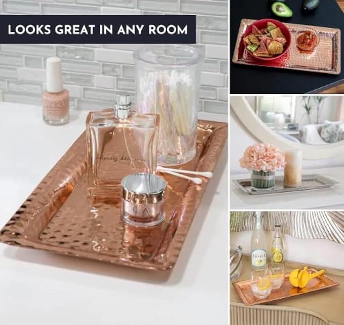Monarch Abode Hand Hammered Aluminum Serving Tray, 16-Inch Copper Plated– Rectangle Serving Platter, Large Serving Tray for Party, Fruit Platter, Dessert Trays, Serving Dishes