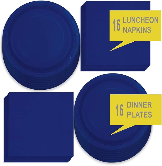 Solid Navy Blue Paper Dinner Plates and Luncheon Napkins, Navy Blue Party Supplies and Table Decorations (Serves 16)
