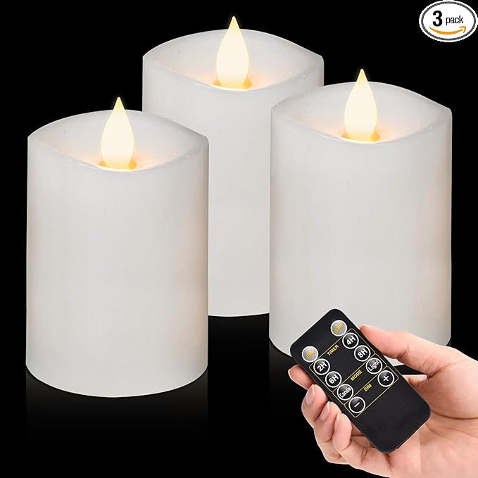3x4 Flickering Flameless Candles Set of 3,Real Wax Pillar LED Battery Candles,with Timer,4 inch Flameless Candles with Remote,for Holiday Home Decor,White