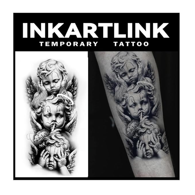 INKARTLINK Tattoo Tech, 2 Sheets Medium Semi Permanent Tattoo, Adult Art Design Temporary Tattoos, Lasts 1-2 Weeks, Waterproof, Realistic Look, No Reflection (angel)