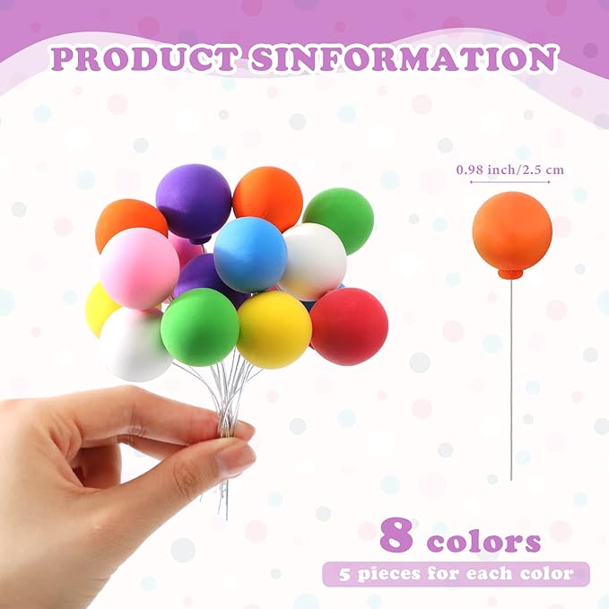 Sieral 40 Pcs Mini Balloon Cake Toppers Colorful Rainbow Cake Topper Round Clay Balls Cupcake Toppers for Birthday Baby Shower Wedding Party Decorations(Rainbow Color)