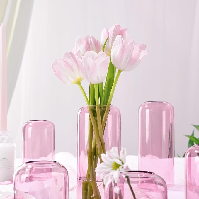 ZENS Bud Vases Set of 6, Pink Clear Small Glass Vase for Flowers. Modern Hand Blown Cylinder Glass Vase for Wedding Reception Centerpieces Living Room Decorative.