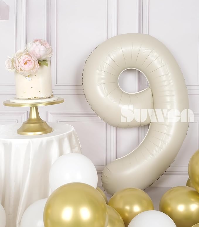 SUWEN 40 Inch Cream White Large 9 Number Balloons Big Foil Helium Number Balloons 0-9 Jumbo Happy 9th Mylar Birthday Party Decorations for Boy or Girl Anniversary Party Supplies