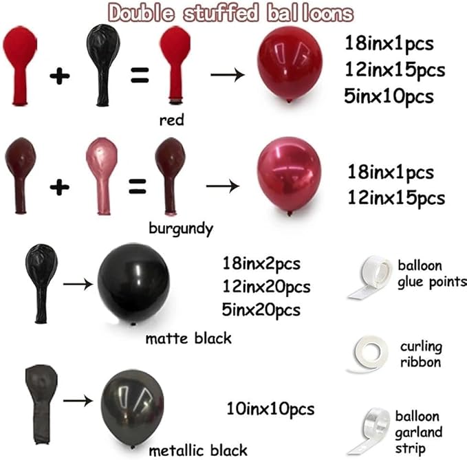 Black Red Balloon Arch Double Stuffed Black Burgundy Maroon Balloons Dark Ruby Red Metallic Balloon Garland Kit for Birthday Wedding Halloween Casino Anniversary Graduation Party Decoration
