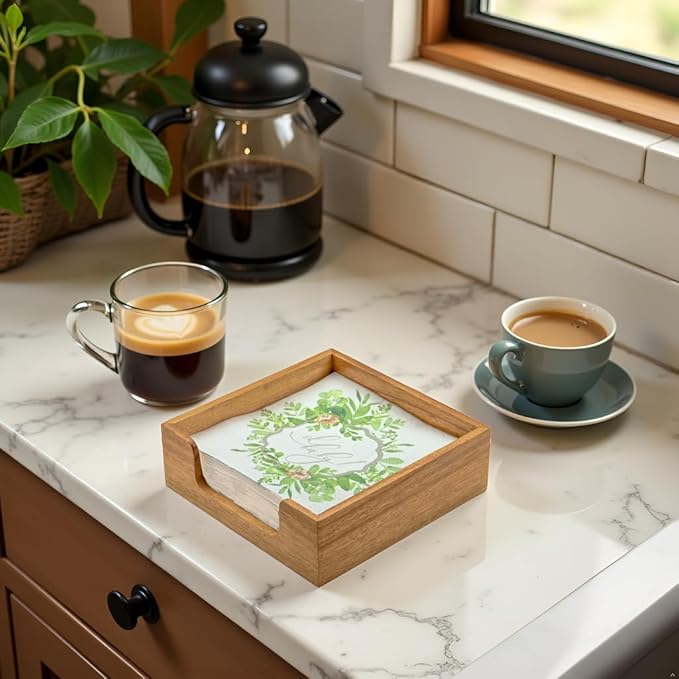 Acacia Wood Napkin Holder for Table, Farmhouse Square Napkin Dispenser with Wide Side Opening - Easy to Grab Paper Napkins for Dining Table & Kitchen Counter (7.3“x7.3"x2.3")