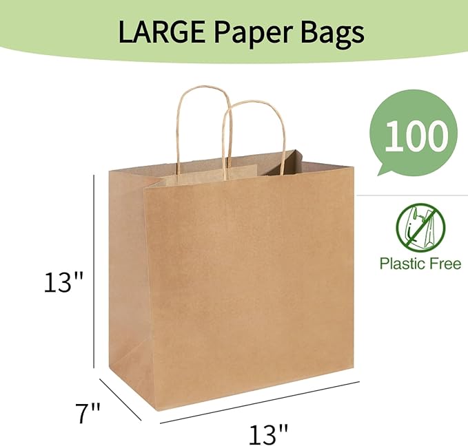 PAICUIKE 100Pcs Large Brown Paper Bags with Handles, 13x7x13 Inch Gift Bags for Business, Shopping, Party, Wedding & Birthday | Natural Brown Kraft Bags for Retail, Merchandise & Events